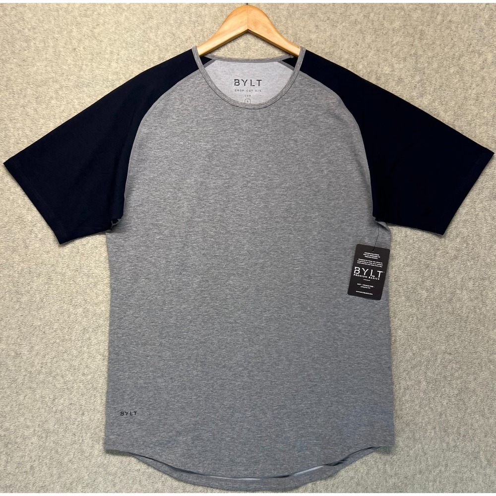 BYLT Mens Drop Cut Lux SS T-Shirt Gray Black Raglan Sleeve Curved Hem Soft L
